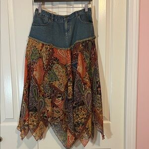 Denim and Paisley Multicolor scarf assymetrical boho vintage Skirt